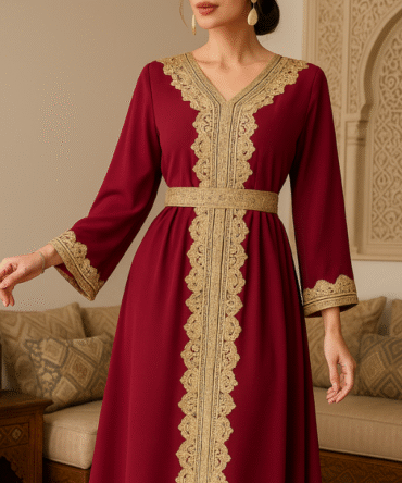 Robe Kaftan Rouge bordeaux Nuit Brodée